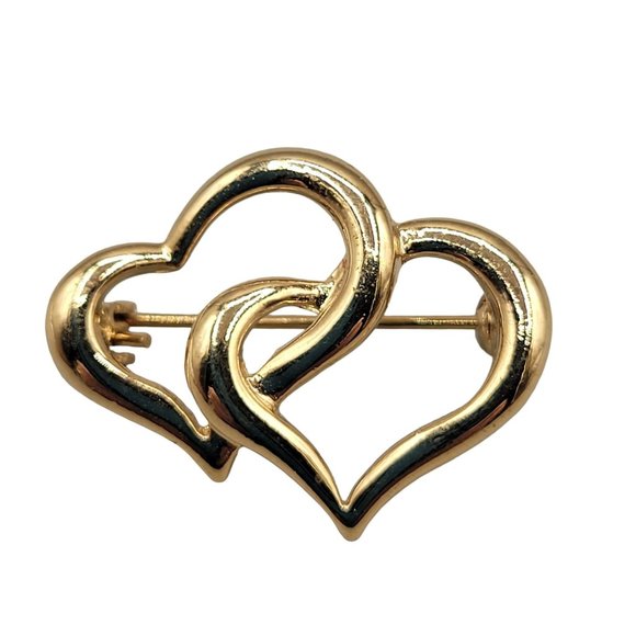 Double Hearts Brooch Interlocking Gold Tone Women's Pin Signed - Picture 1 of 2